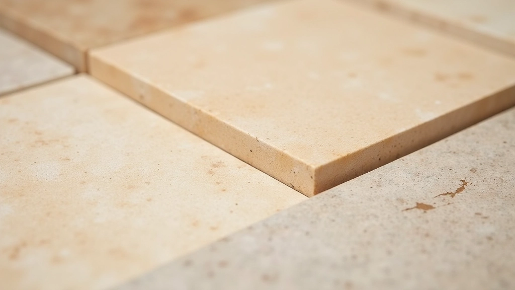 Close-up of natural stone tile textures showing various finishes and colors in warm, spa-like tones