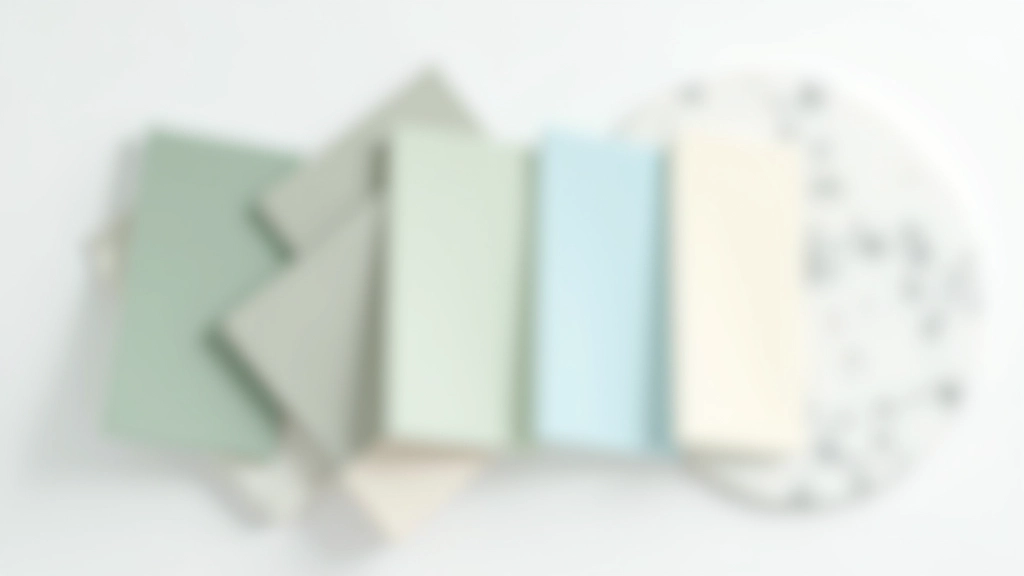 Color swatches showing four calming bathroom color options: sage green, warm gray, soft blue, and creamy white held against marble and natural stone samples
