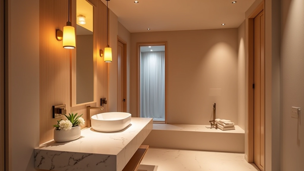 Modern bathroom with layered lighting including pendant fixtures, wall sconces, and recessed ceiling lights creating warm ambiance