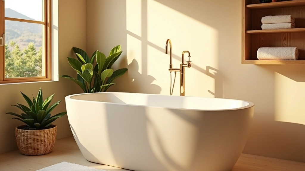 Luxurious bathroom corner with freestanding tub near window, soft warm lighting from wall sconces, potted plants, rolled towels on wooden bench, natural light streaming through window, spa atmosphere