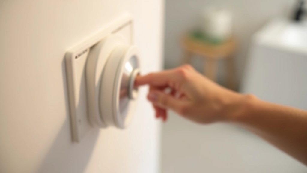 Hand adjusting modern dimmer switch on wall, showing different brightness levels, elegant bathroom interior visible in background