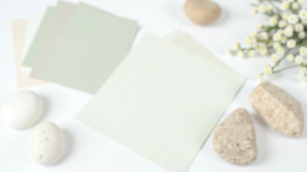 Spa bathroom color palette with soft neutral tones including warm whites, pale greens, and natural stone grays displayed on paint swatches