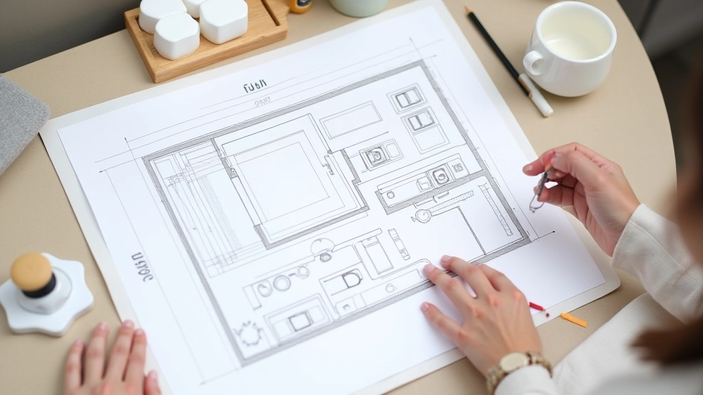 Bathroom floor plan diagram showing optimal lighting fixture placement with dimensions, recessed ceiling lights, mirror sconces, and accent lighting positions