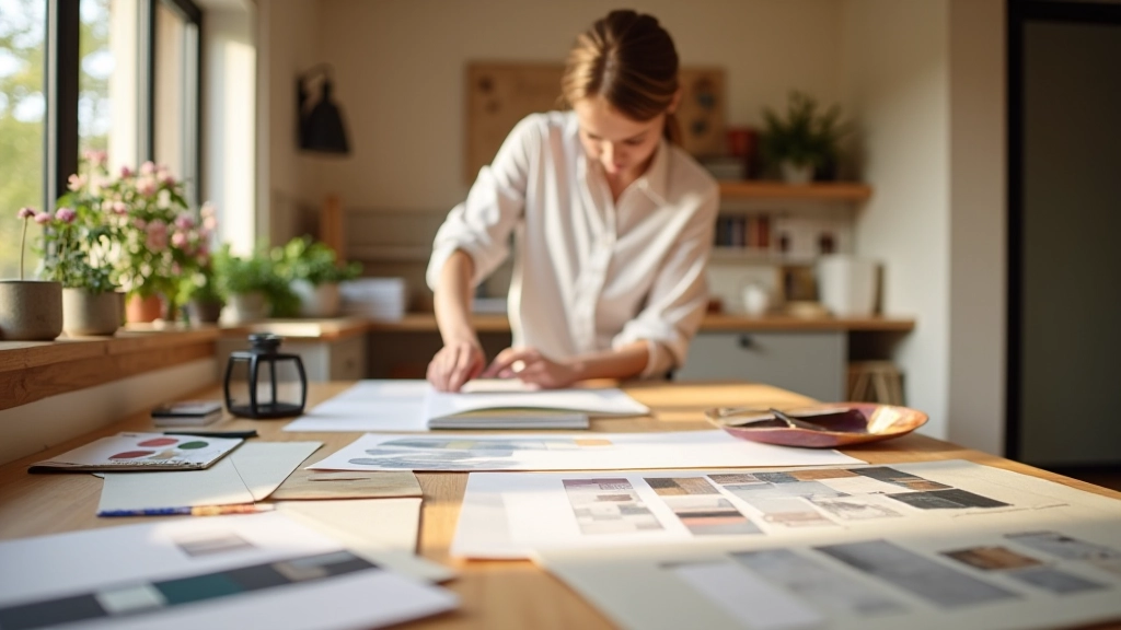 Design workspace showing bathroom renovation materials and planning