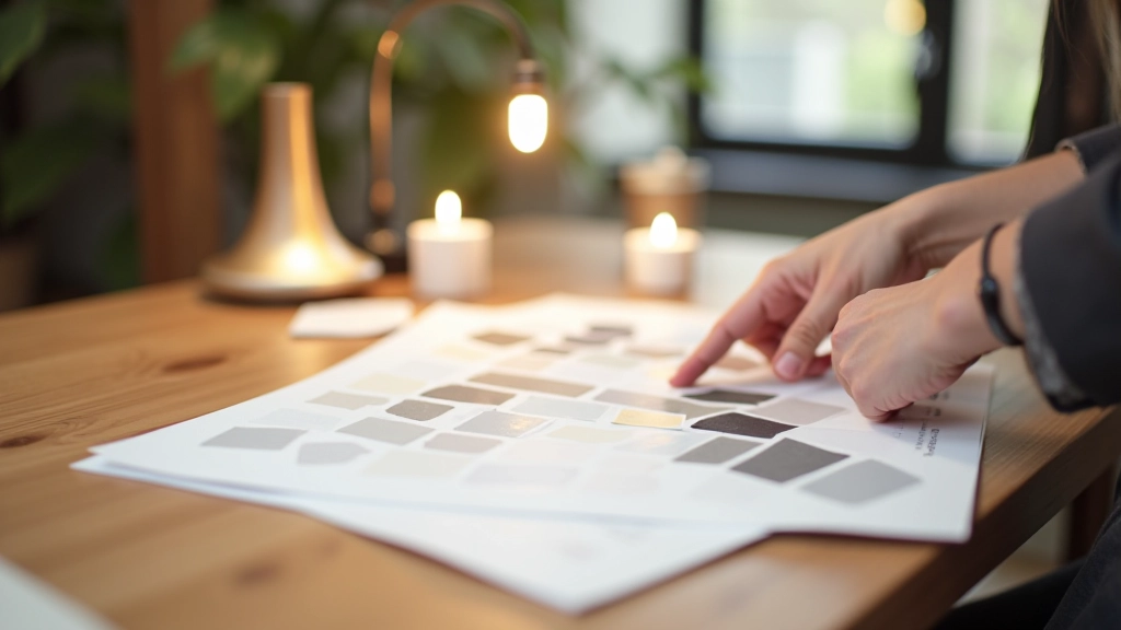 Interior designer selecting lighting fixtures from samples, swatches, and specifications spread on workspace table with color temperature guides