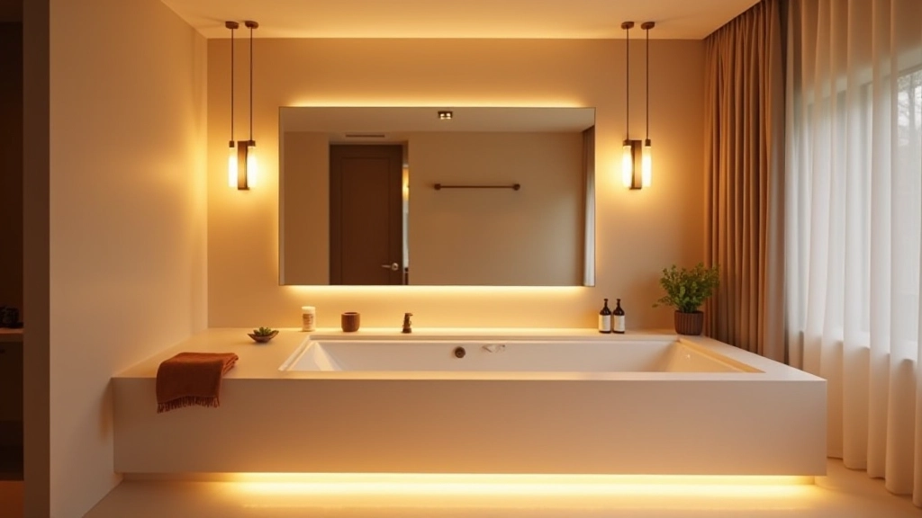 Luxurious bathroom with multiple lighting layers: overhead recessed lights, mirror sconces, and warm accent lighting above bathtub creating layered ambiance