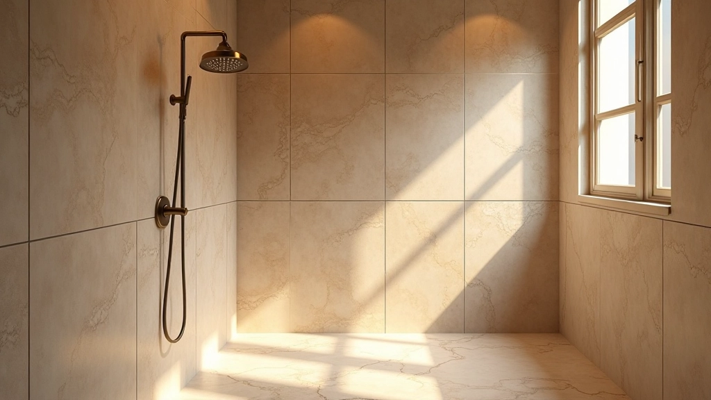 Bathroom shower wall featuring polished stone tiles with subtle sheen reflecting light