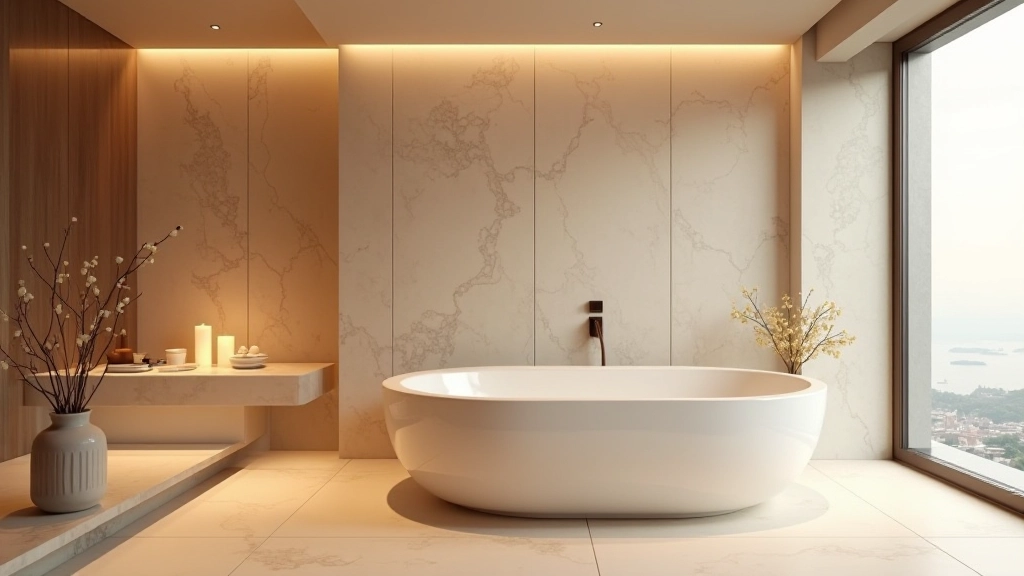 Beautifully designed spa bathroom with marble elements and warm lighting