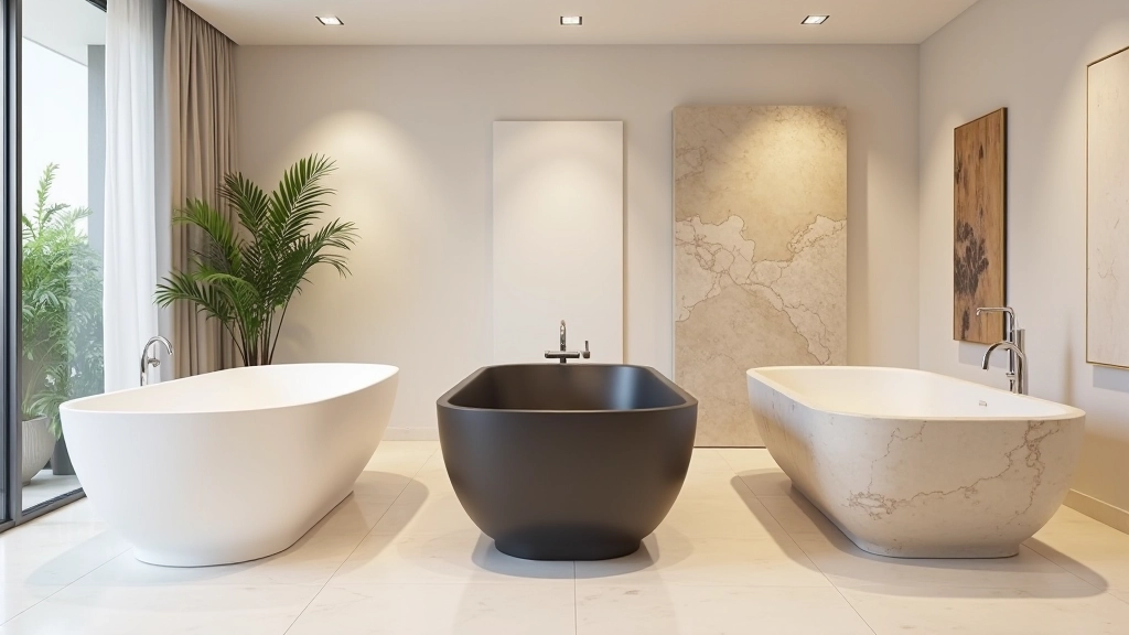 Array of modern soaking tubs in different materials displayed in luxury showroom, white acrylic, dark cast iron, and stone resin models, professional lighting, sharp focus