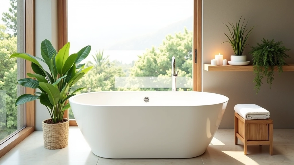 Elegant freestanding soaking tub beside window with natural greenery, white fluffy towels, and candles on wooden shelf