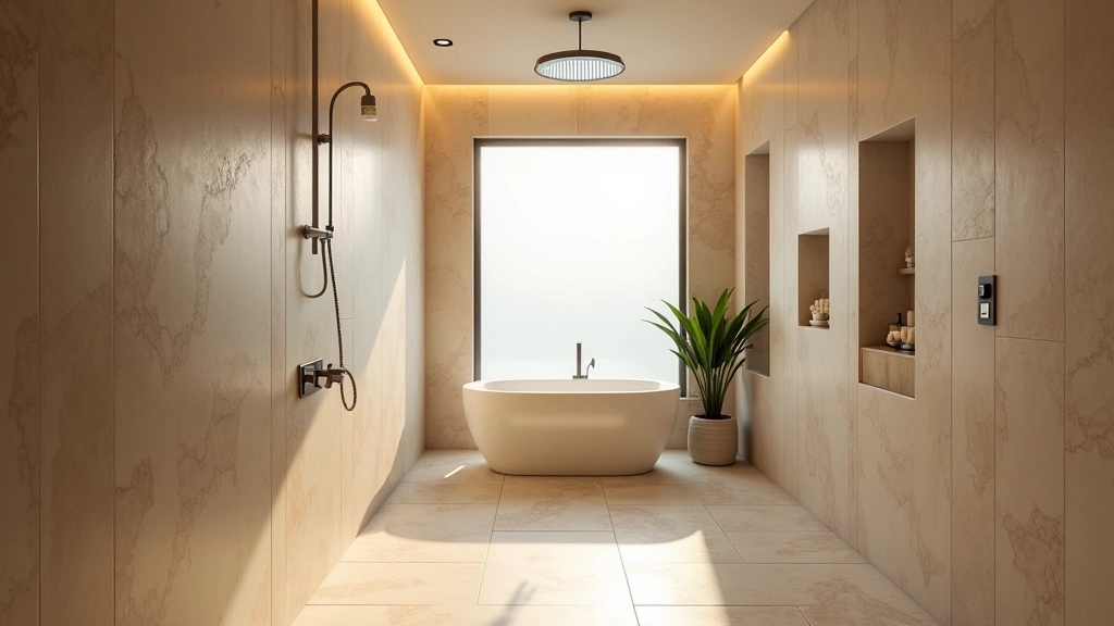 Luxury bathroom with natural stone tiles, rainfall showerhead, and soft ambient lighting from wall sconces