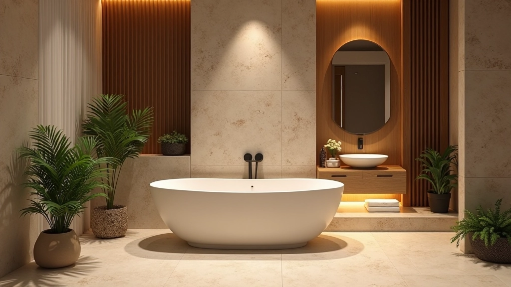 Luxury spa bathroom with freestanding tub, layered lighting, natural stone, plants, and elegant finishes creating serene atmosphere