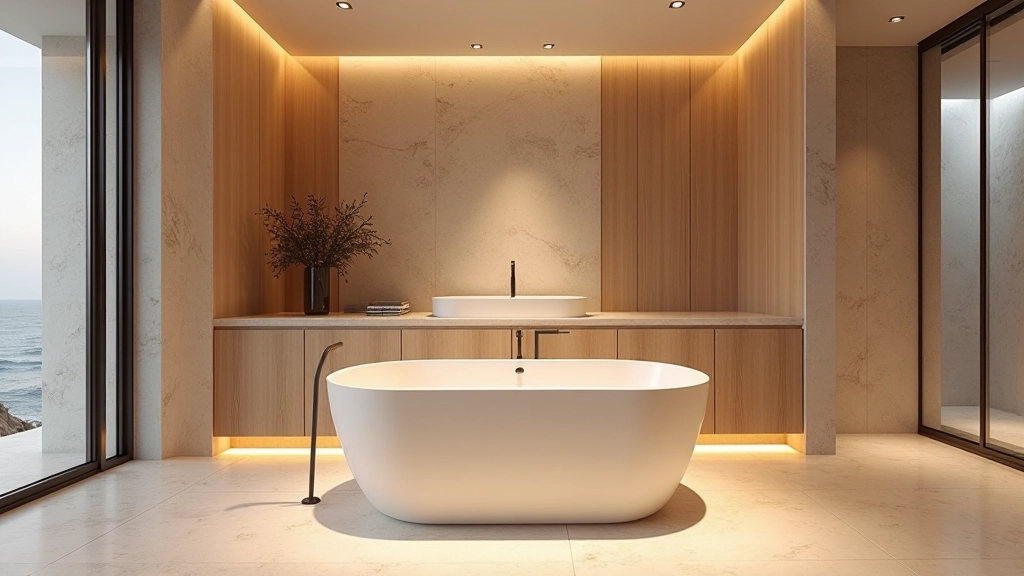 Luxurious spa-style bathroom with freestanding soaking tub, soft warm lighting, and natural stone finishes