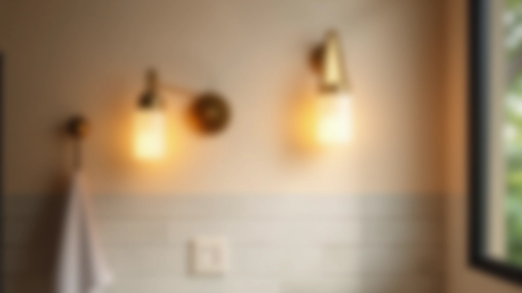 Close-up of modern wall-mounted sconce light fixture with brushed brass finish against white tile, soft warm glow