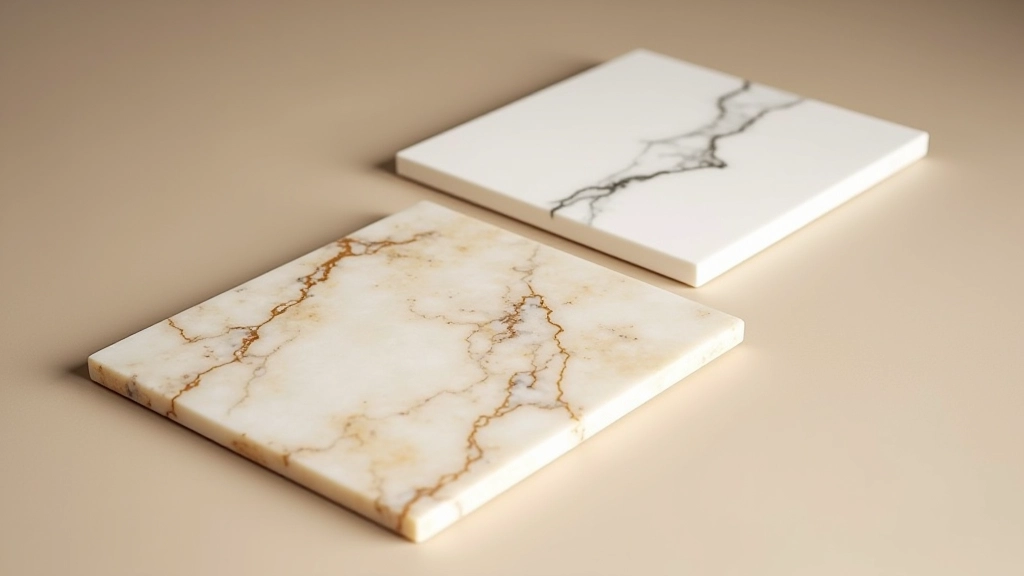 Side-by-side comparison of natural marble tile and porcelain tile samples, showing texture and color differences