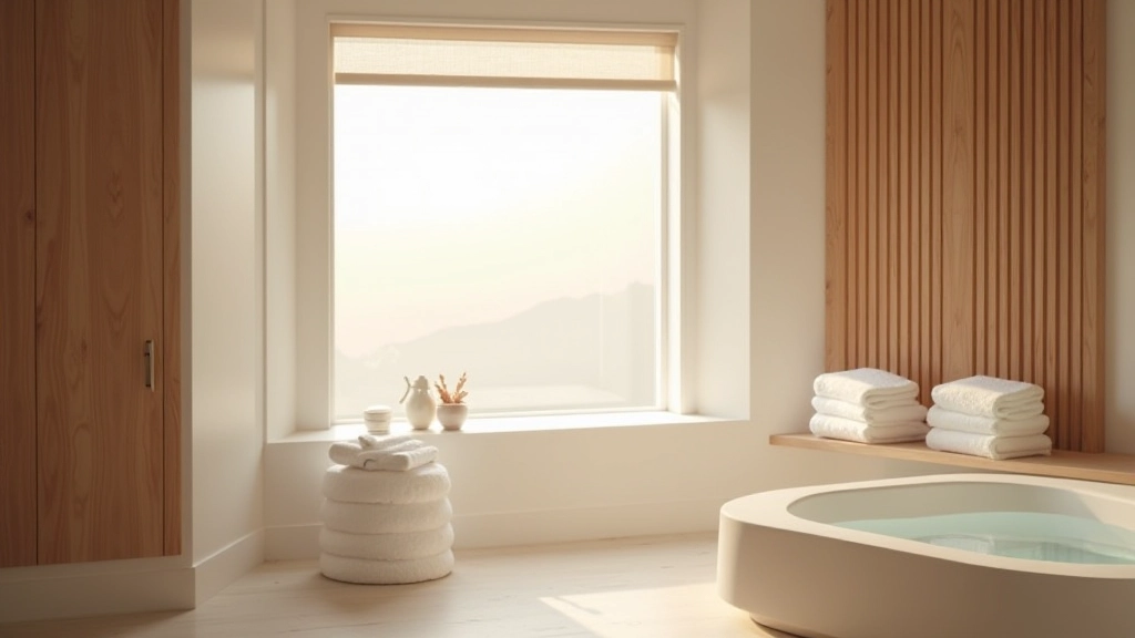 Serene spa bathroom with soft natural lighting, minimalist decor, warm wood tones, and peaceful retreat atmosphere