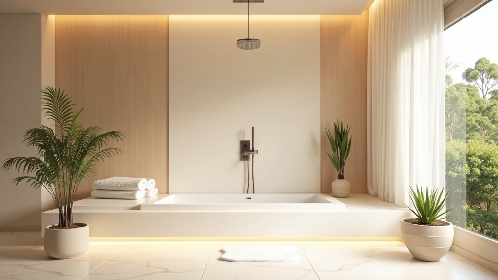 Spa bathroom with calming color palette and water features