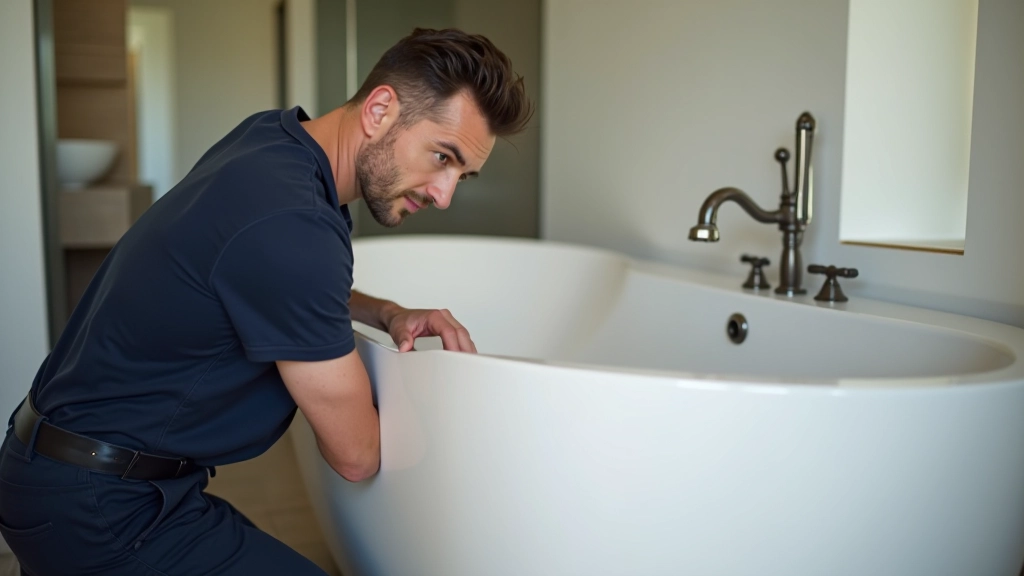 Professional plumber installing modern freestanding tub with curved pipes and fixtures visible, modern bathroom renovation in progress, construction site, bright daylight