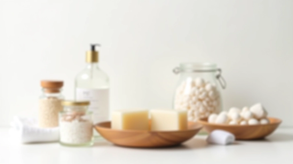 Spa bathroom accessories neatly arranged: wooden soap dish, glass jars with bath salts, white fluffy towels, essential oil bottles, wooden bath caddy, natural materials, bright studio lighting, overhead shot