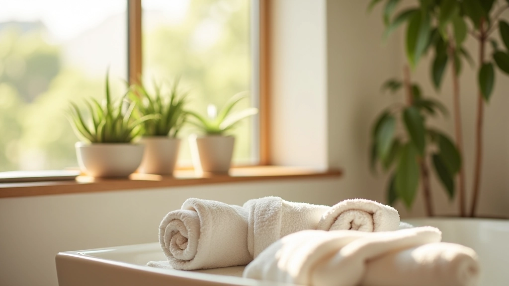Beautiful spa bathroom corner with natural light from window, plants on shelf, fluffy towels, and calming neutral color palette