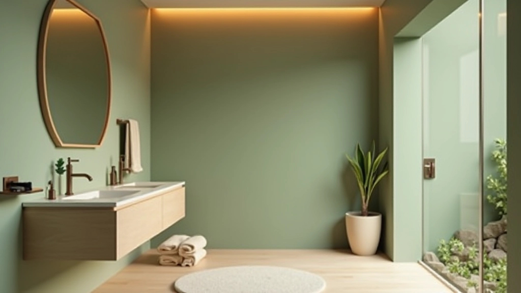 Modern spa bathroom showcasing layered color design with pale green walls, warm gray vanity cabinet, white ceiling, natural wood accents, and cream textiles creating harmonious color scheme