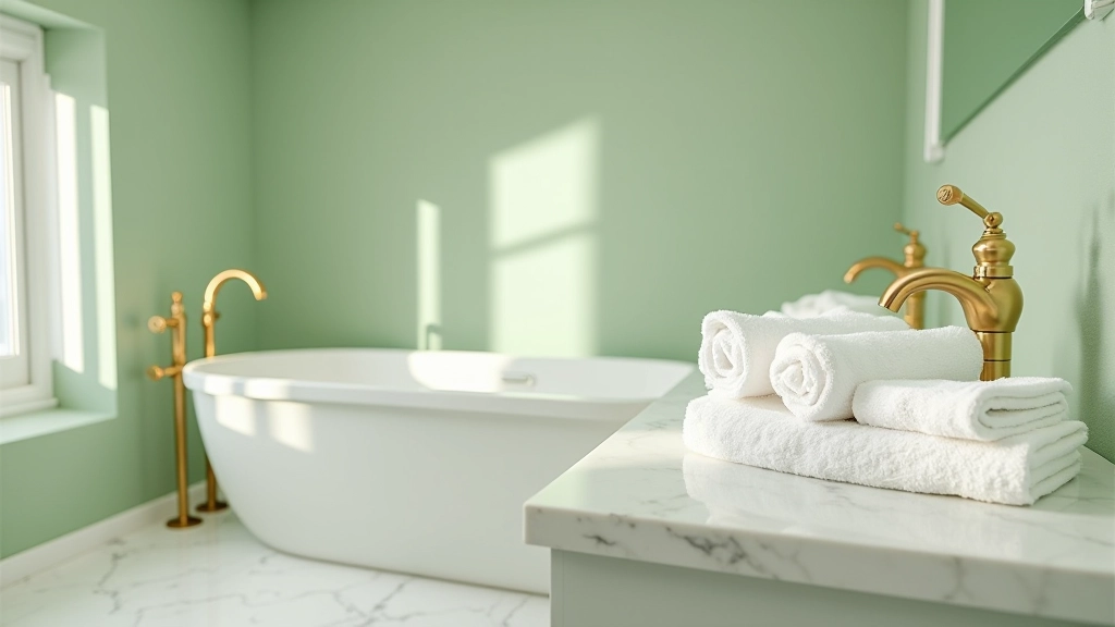 Spa bathroom with soft sage green walls, white marble surfaces, and warm lighting creating a serene retreat space